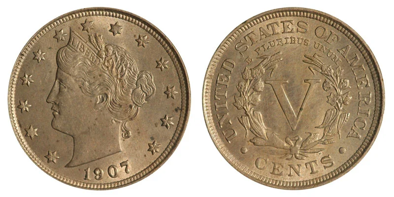 1907 Liberty Head Nickel obverse and reverse showing LIBERTY headband and V CENTS reverse