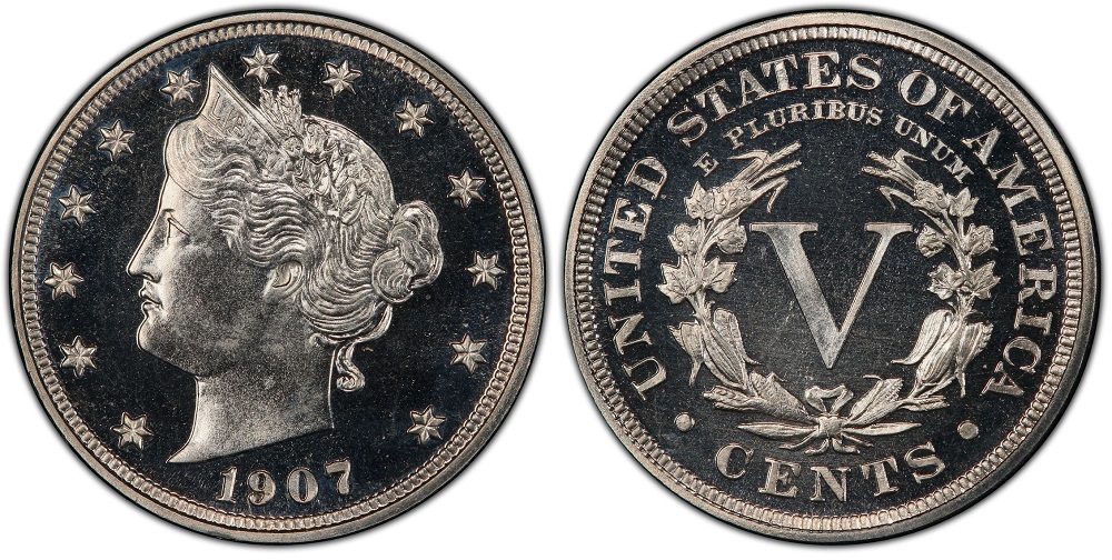 Side-by-side comparison of 1907 business strike nickel versus 1907 Proof nickel showing mirror fields