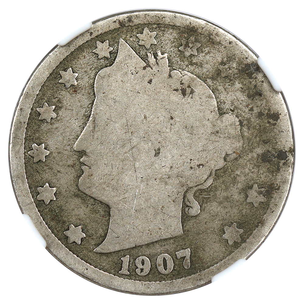 1907 Liberty nickel broadstrike error showing expanded diameter and missing collar edge detail