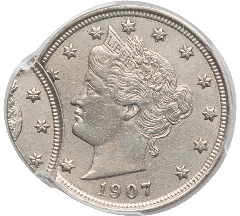 1907 Liberty nickel double strike error showing overlapping ghost design from second die impression