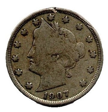 1907 Liberty nickel misaligned die error showing obverse design offset relative to center axis