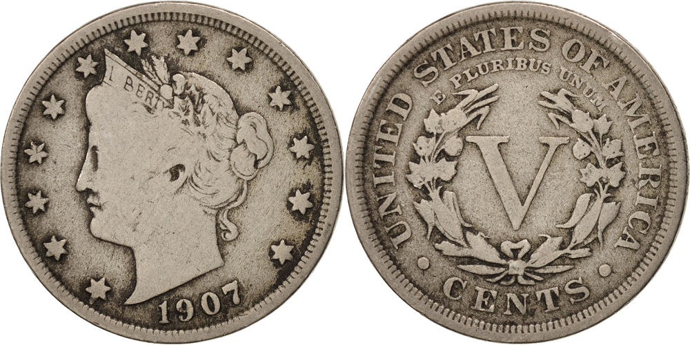 Philadelphia Mint historical view or group of 1907 Liberty Head Nickels showing various grades and conditions