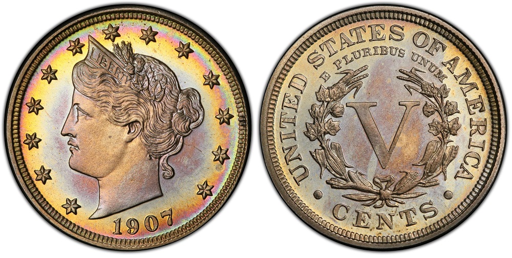 1907 Liberty nickel grading strip showing four condition tiers from Good through Mint State